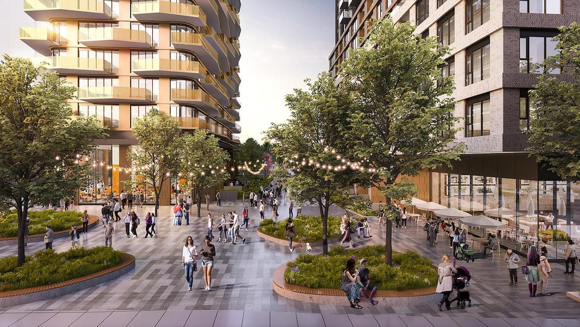 Rendering of 490 St. Clair Condos courtyard at dusk