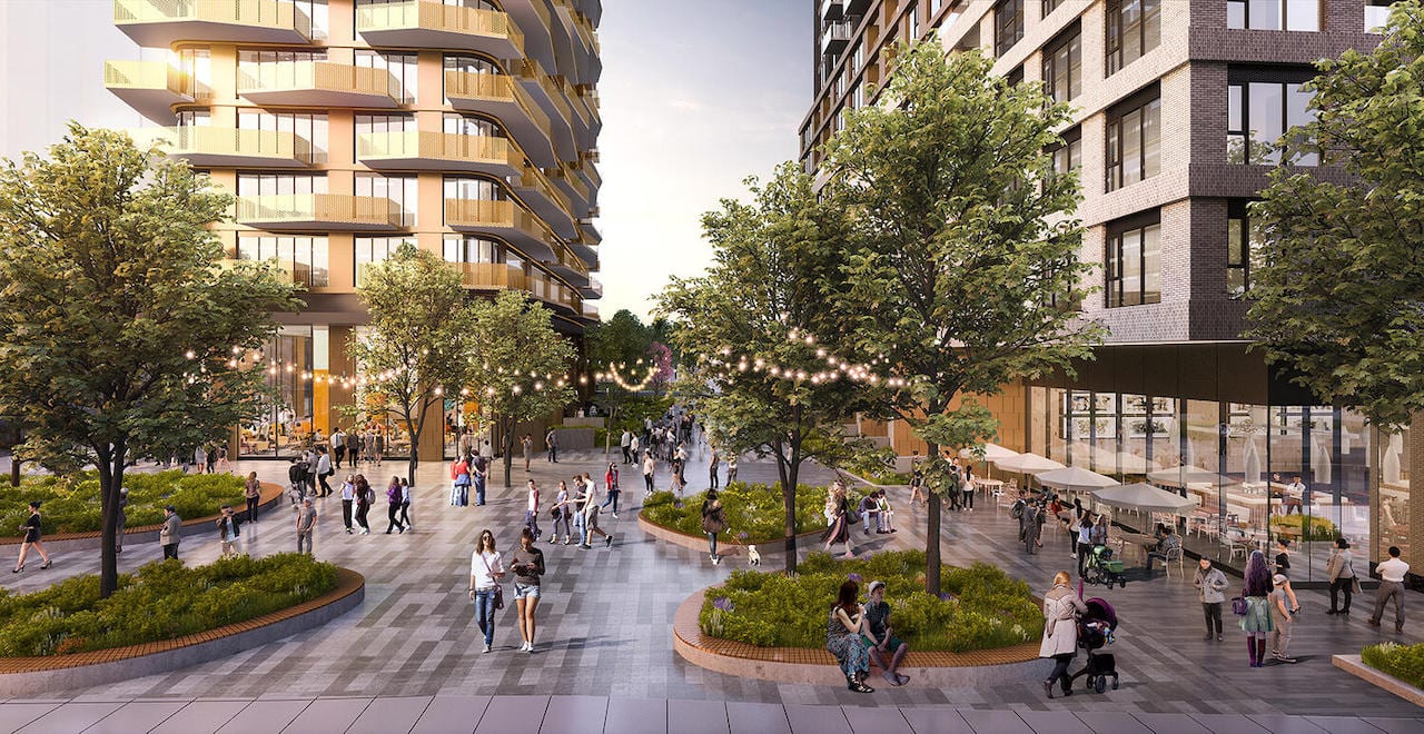 Rendering of 490 St. Clair Condos courtyard at dusk