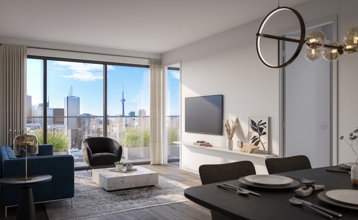 Rendering of 8 Elm Condos suite interior living and dining room