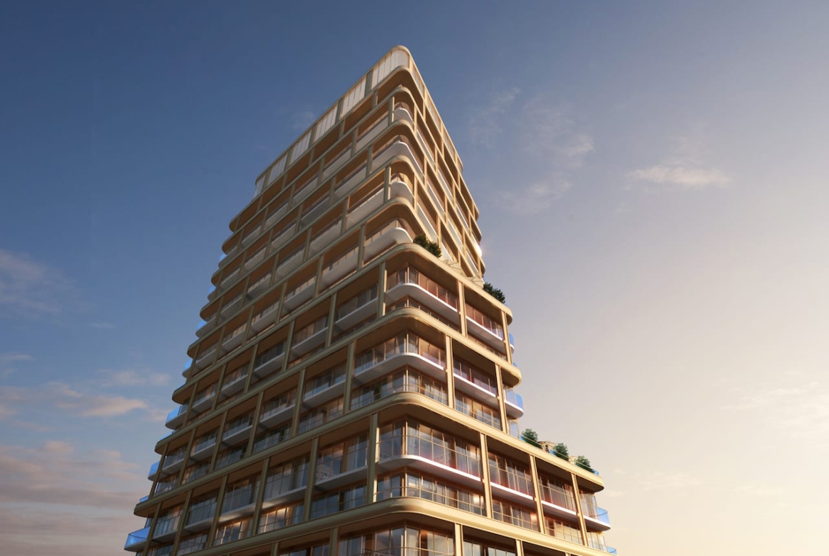 Exterior rendering of 8 Elm Condos worms-eye-view
