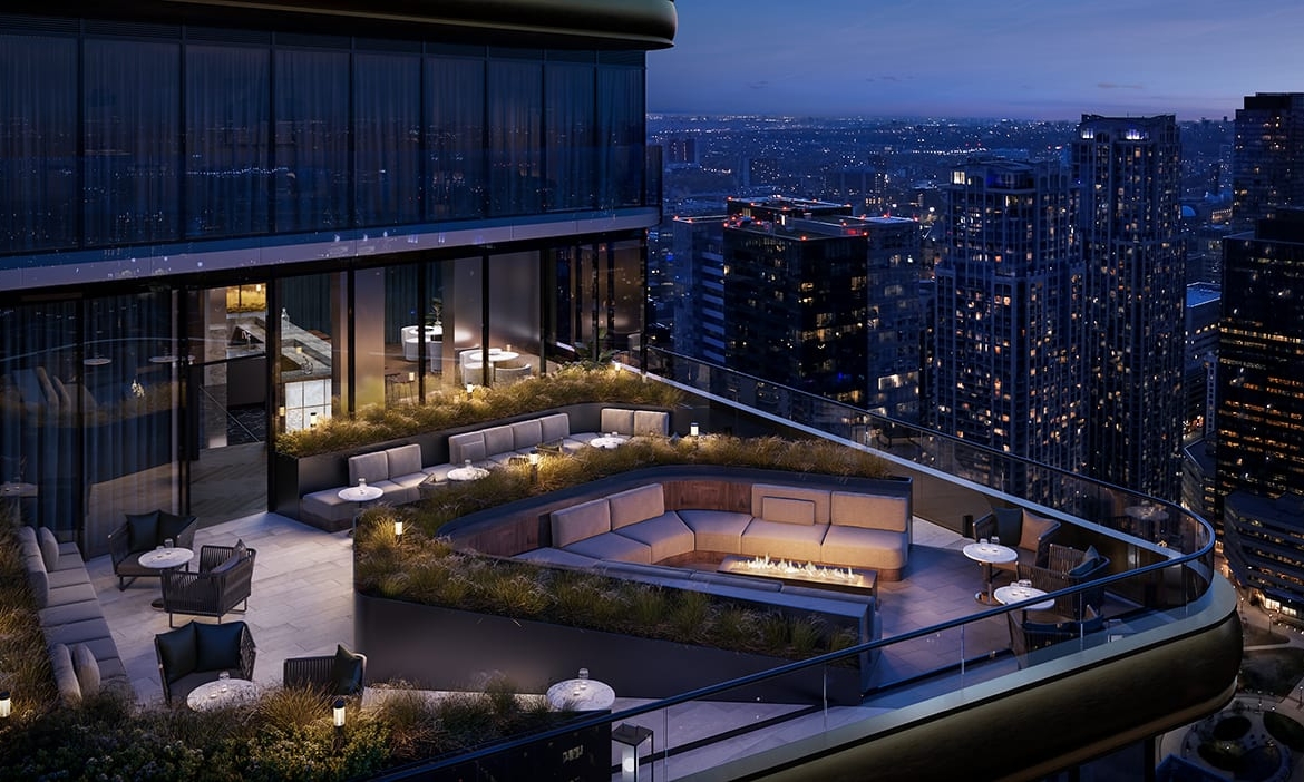 Rendering of 8 Elm Condos rooftop terrace at night
