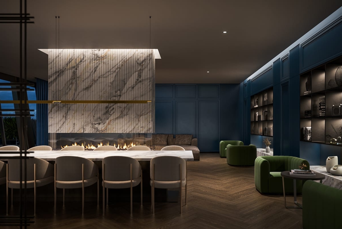 Rendering of 8 Elm Condos party room at night