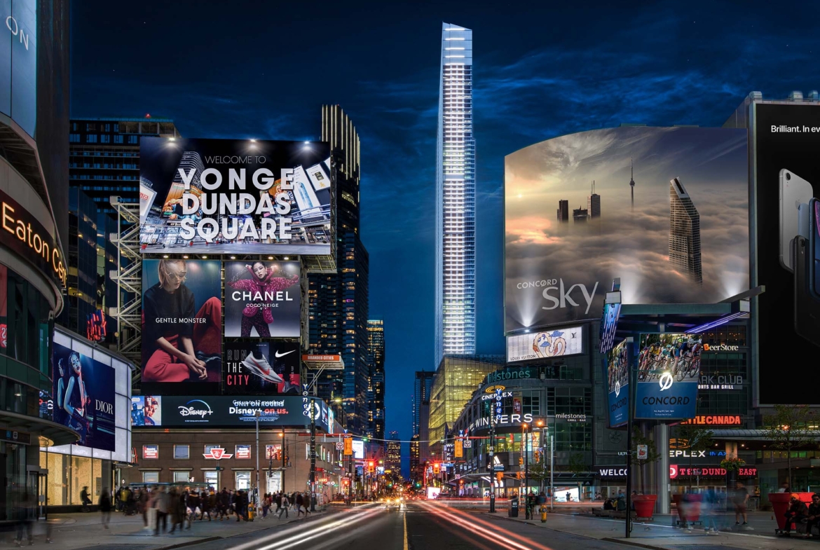 Rendering of Concord Sky at night in Toronto Nathan Phillips Square