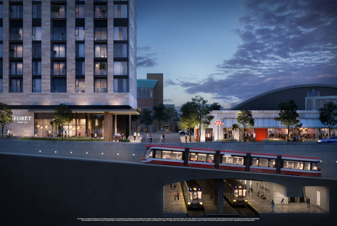 Rendering of Foret Condos exterior TTC at night