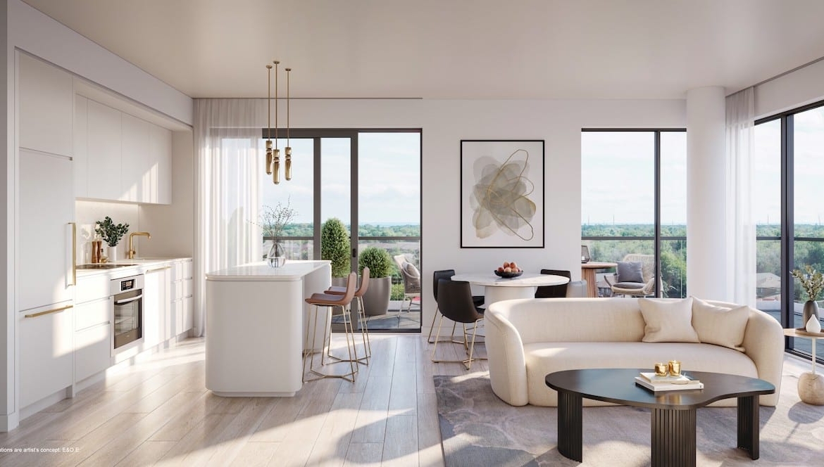 Rendering of Foret Condos suite interior kitchen and living room