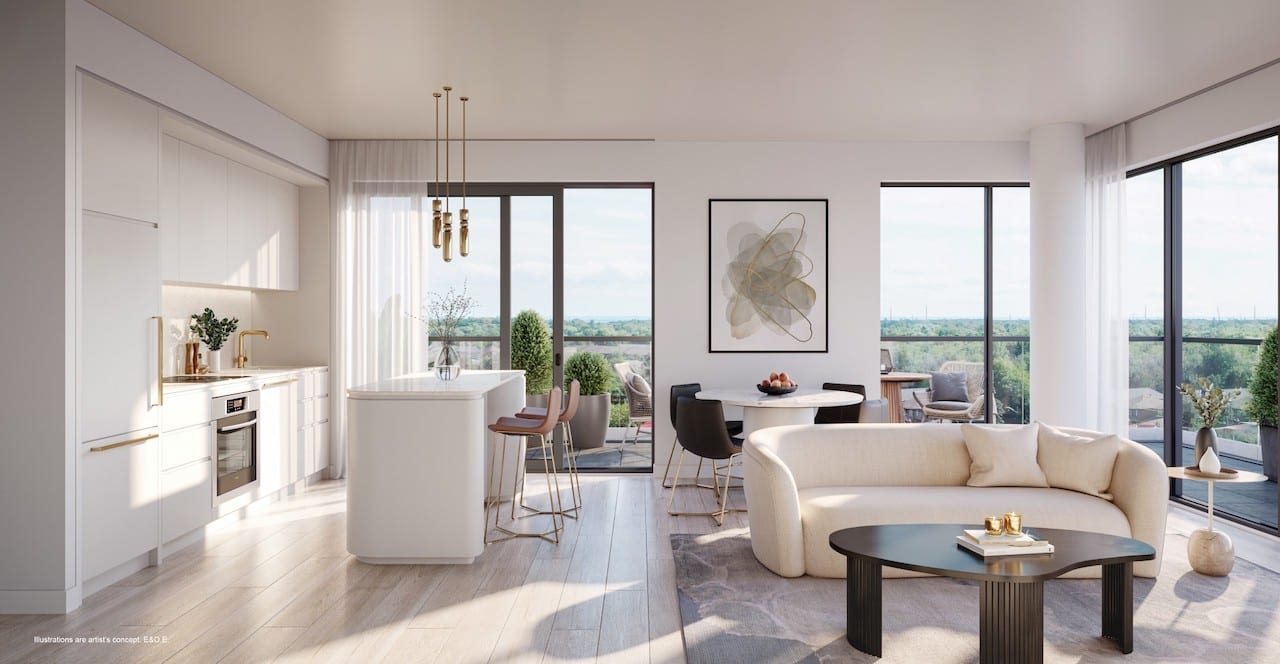 Rendering of Foret Condos suite interior kitchen and living room