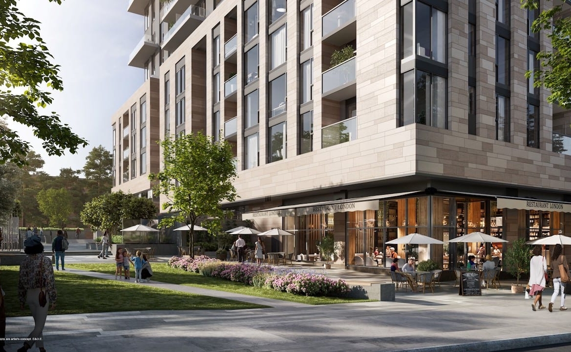 Rendering of Foret Condos exterior retail and park