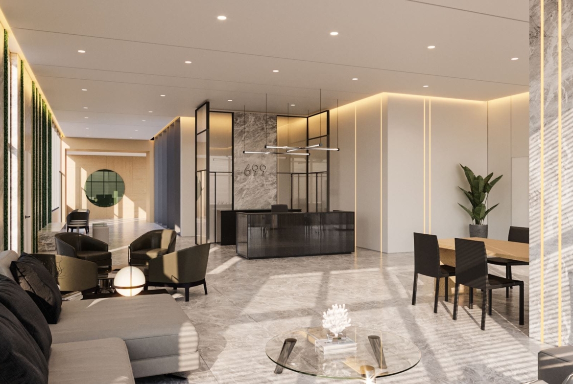 Rendering of Six99 Condos Interior lobby with concierge