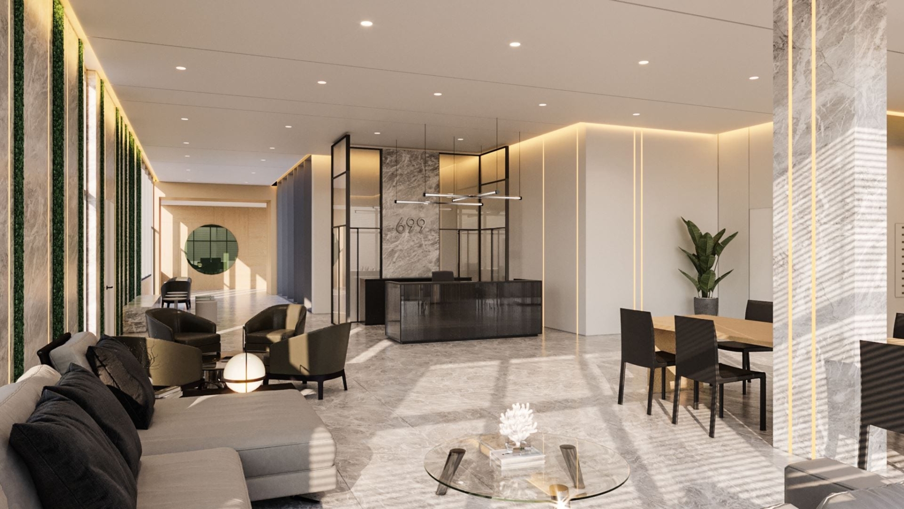 Rendering of Six99 Condos Interior lobby with concierge