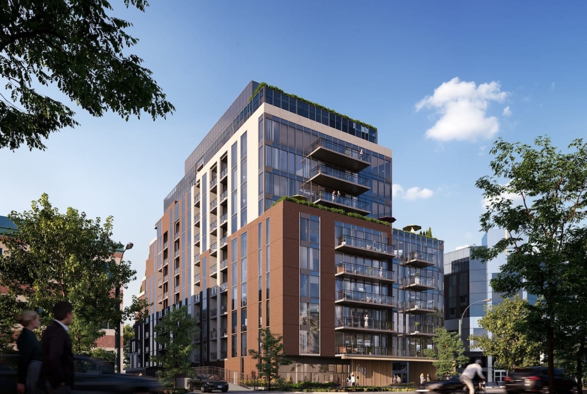 Rendering of Six99 Condos exterior worms-eye-view