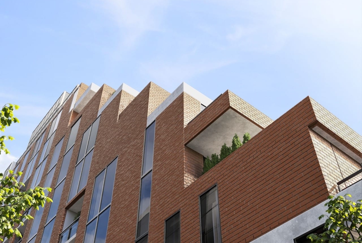 Rendering of Six99 Condos exterior worms-eye-view close-up