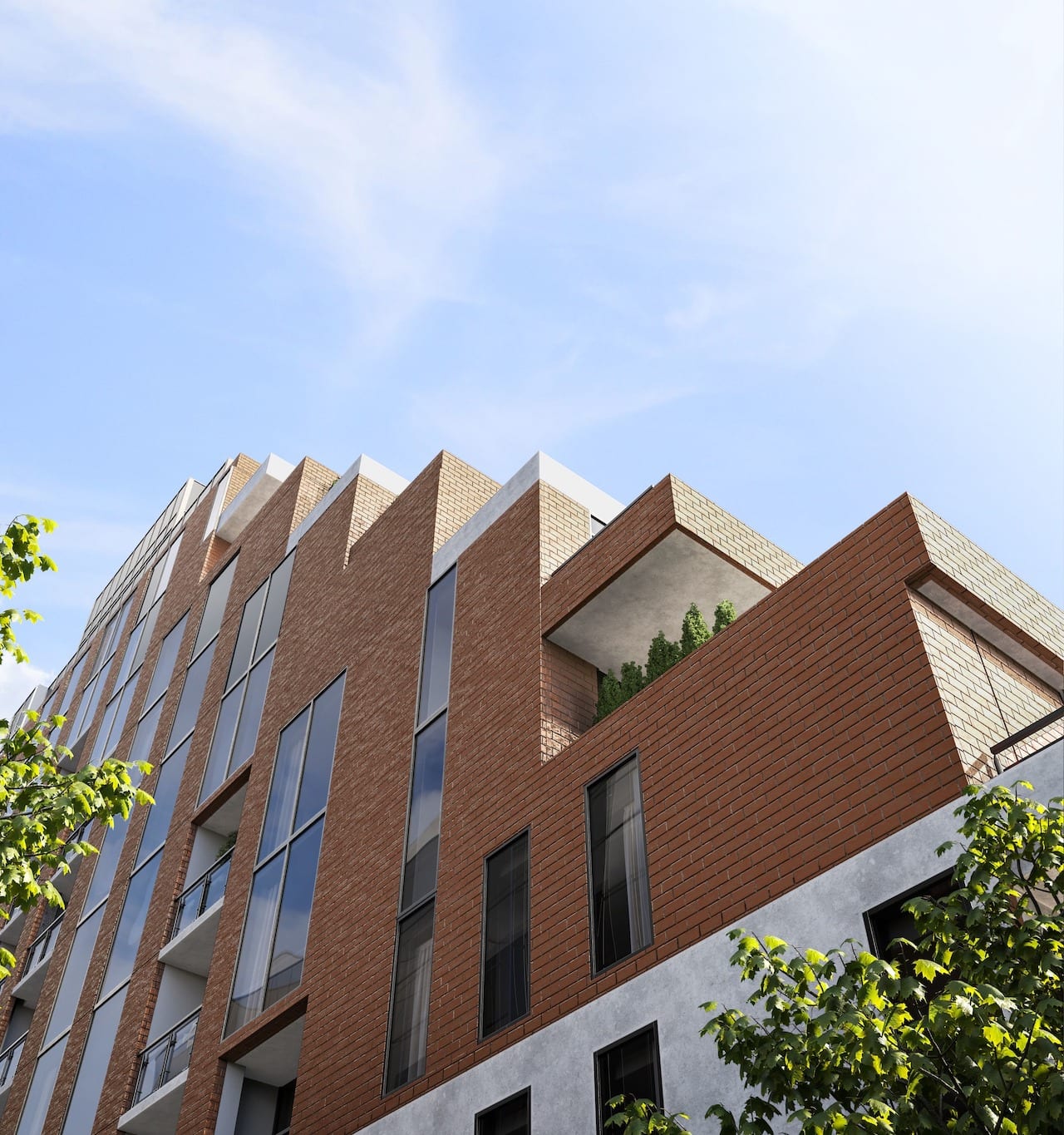 Rendering of Six99 Condos exterior worms-eye-view close-up