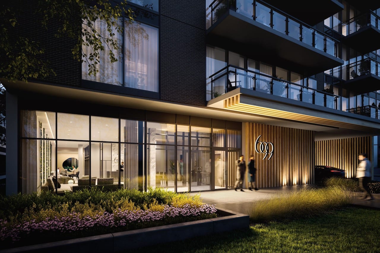 Rendering of Six99 Condos entrance exterior at night