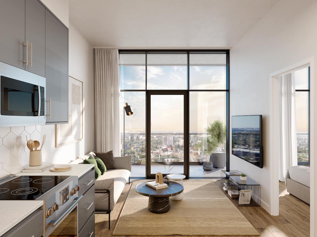 Rendering of TEK Towers suite interior kitchen dark cabinets