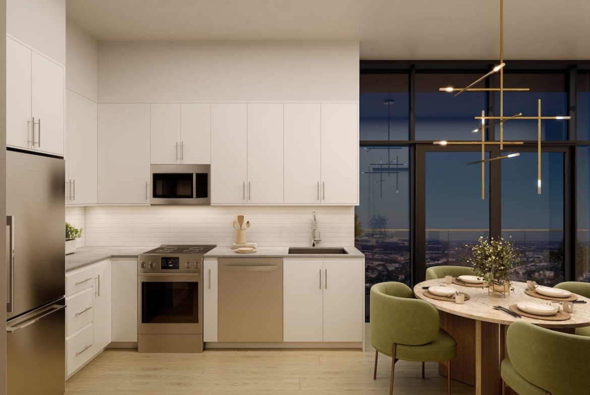 Rendering of TEK Towers suite interior kitchen at night