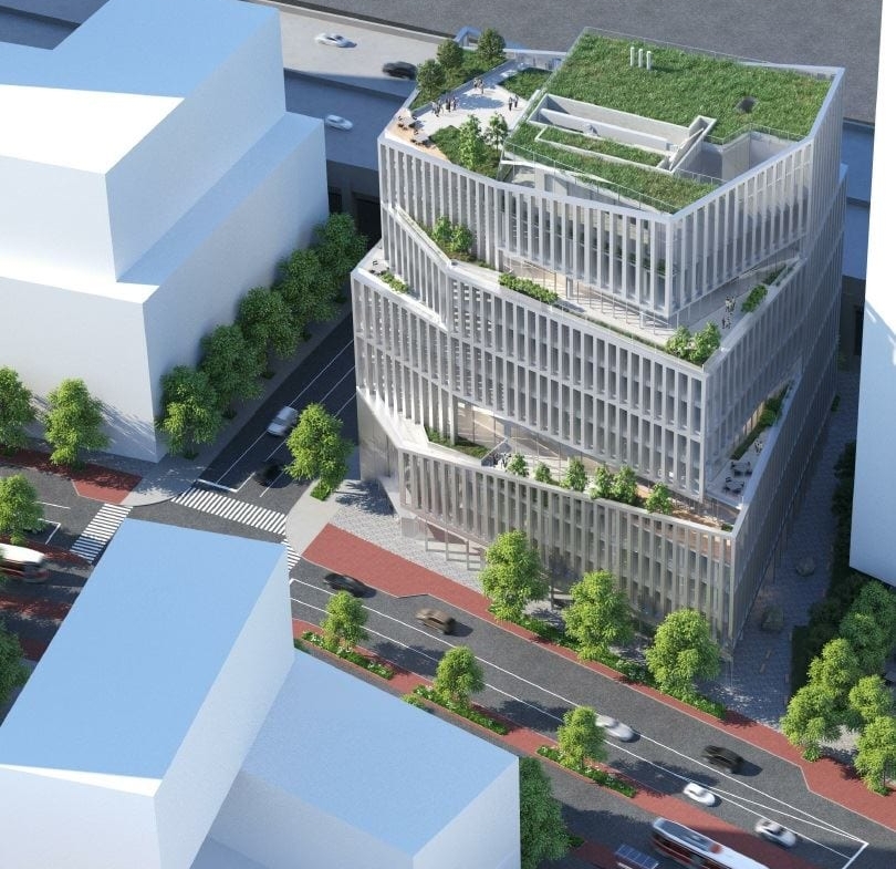 Rendering of 3C Waterfront Condo aerial with green roof