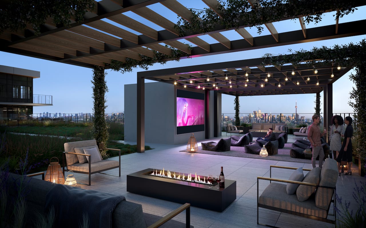 Rendering of Lakeview DXE Club outdoor movie lounge