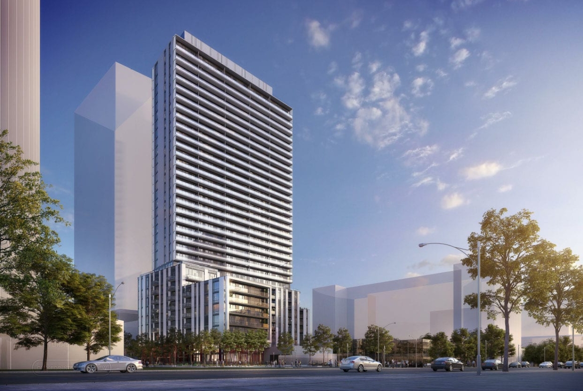 Rendering of Plaza on Yonge Condos exterior in the evening