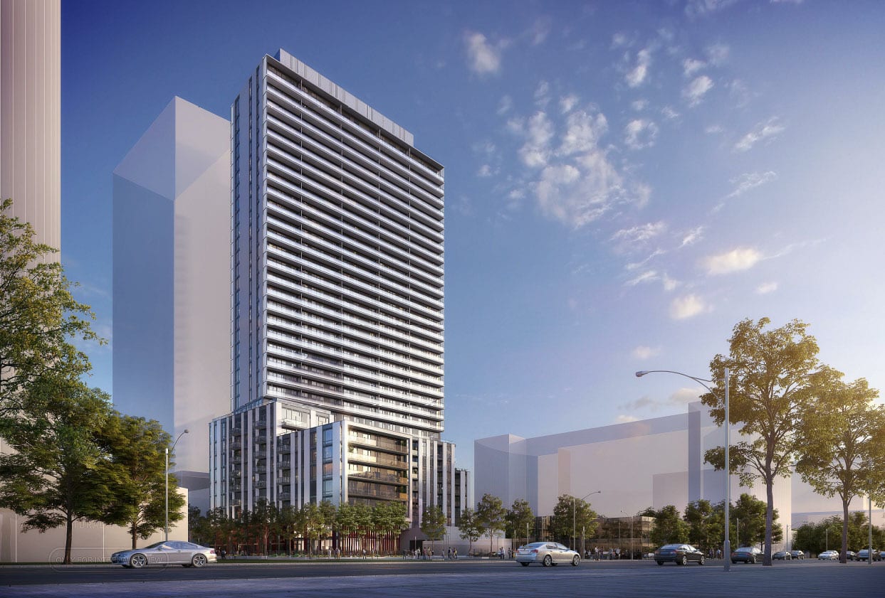 Rendering of Plaza on Yonge Condos exterior in the evening