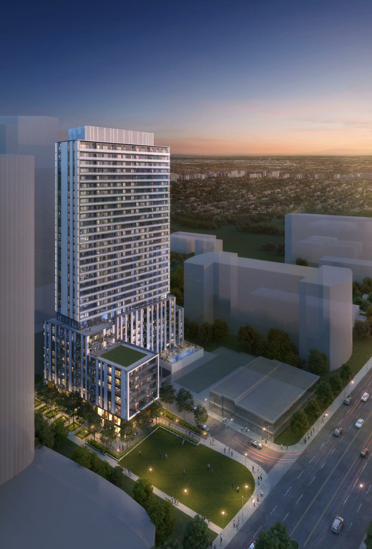 Rendering of Plaza on Yonge Condos exterior evening aerial