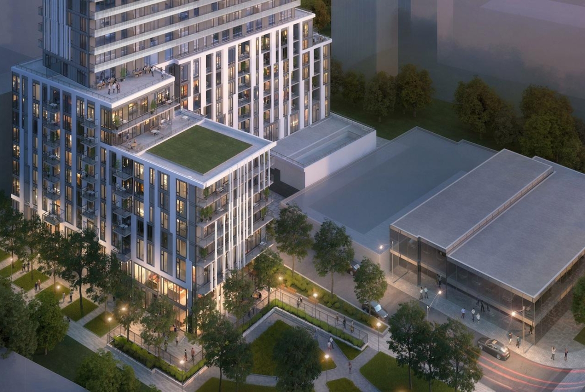 Rendering of Plaza on Yonge Condos exterior evening podium close-up