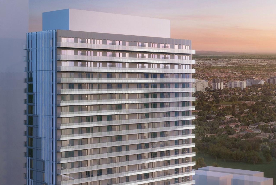 Rendering of Plaza on Yonge Condos exterior evening siding close-up
