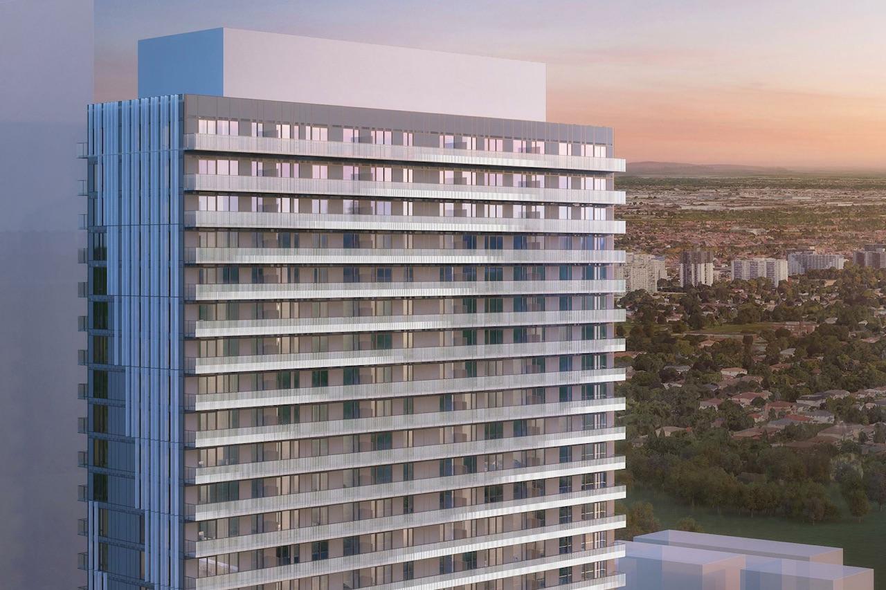 Rendering of Plaza on Yonge Condos exterior evening siding close-up