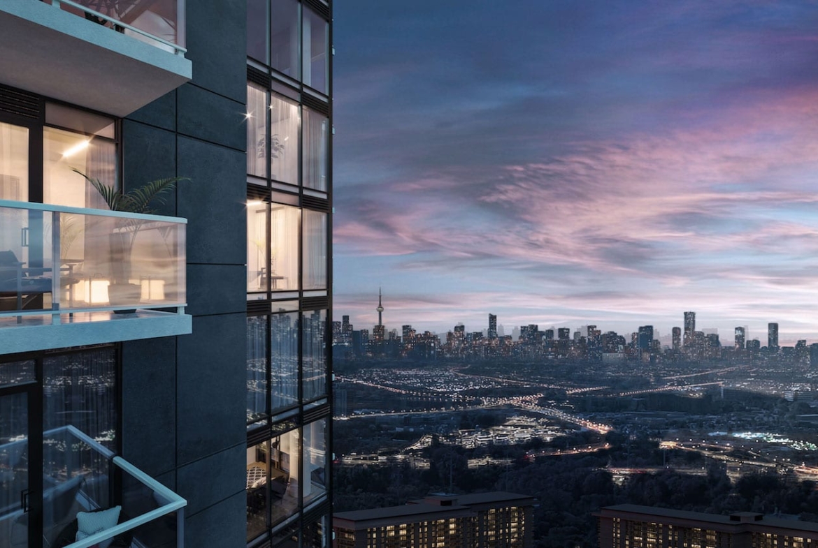 Rendering of Metro Park exterior with city view at night