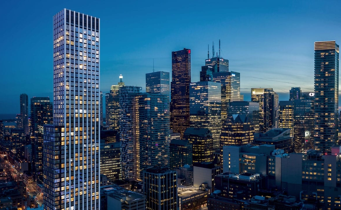 Exterior rendering of Queen Church Condos at night with skyline view