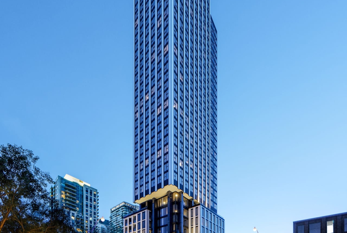 Exterior rendering of Queen Church Condos lower half with streetview
