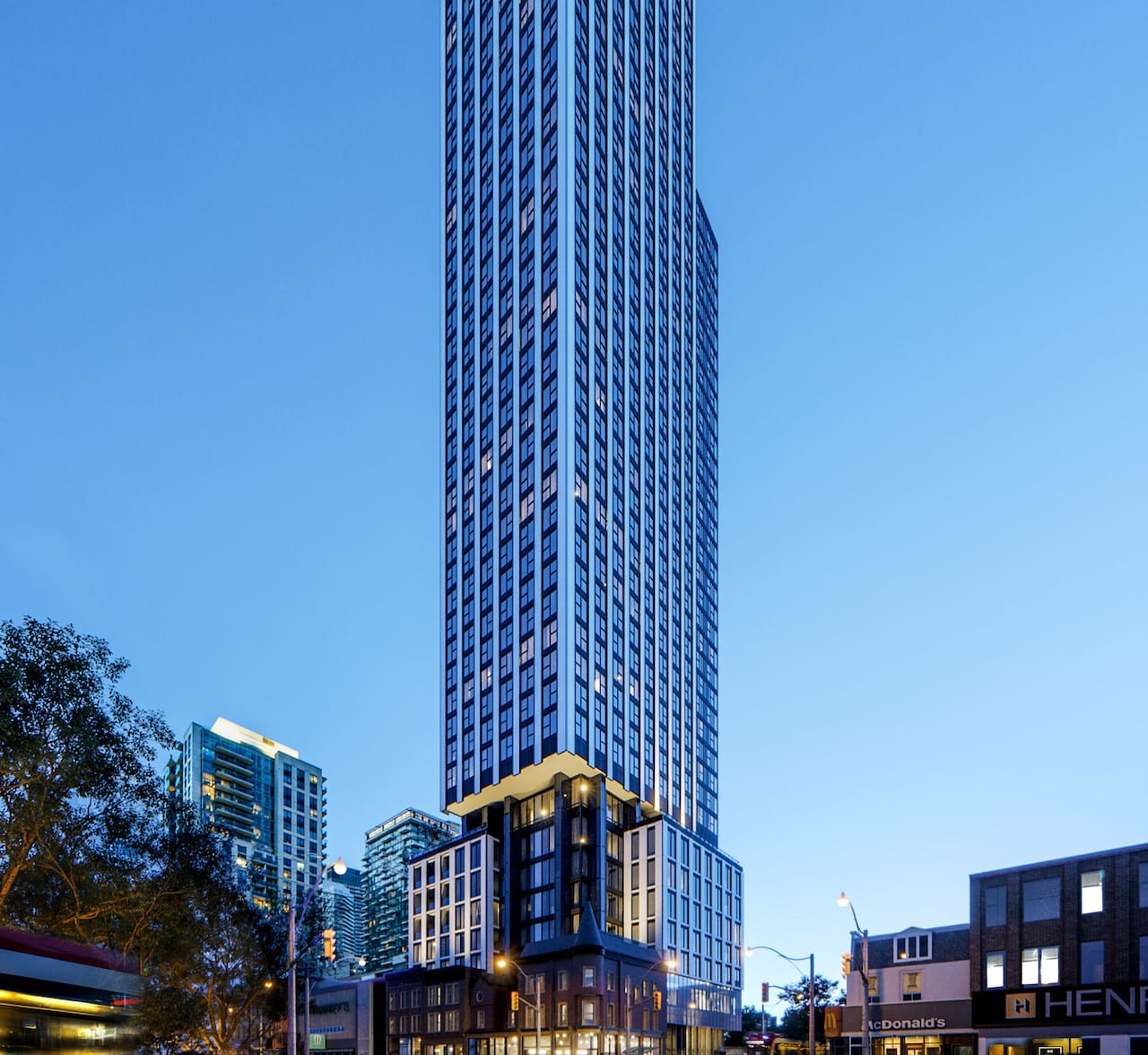 Exterior rendering of Queen Church Condos lower half with streetview
