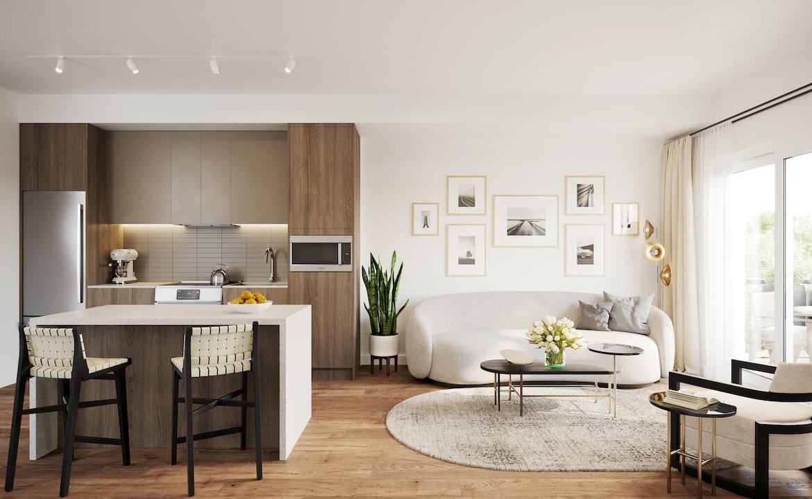 Rendering of Verde Living suite kitchen and living area
