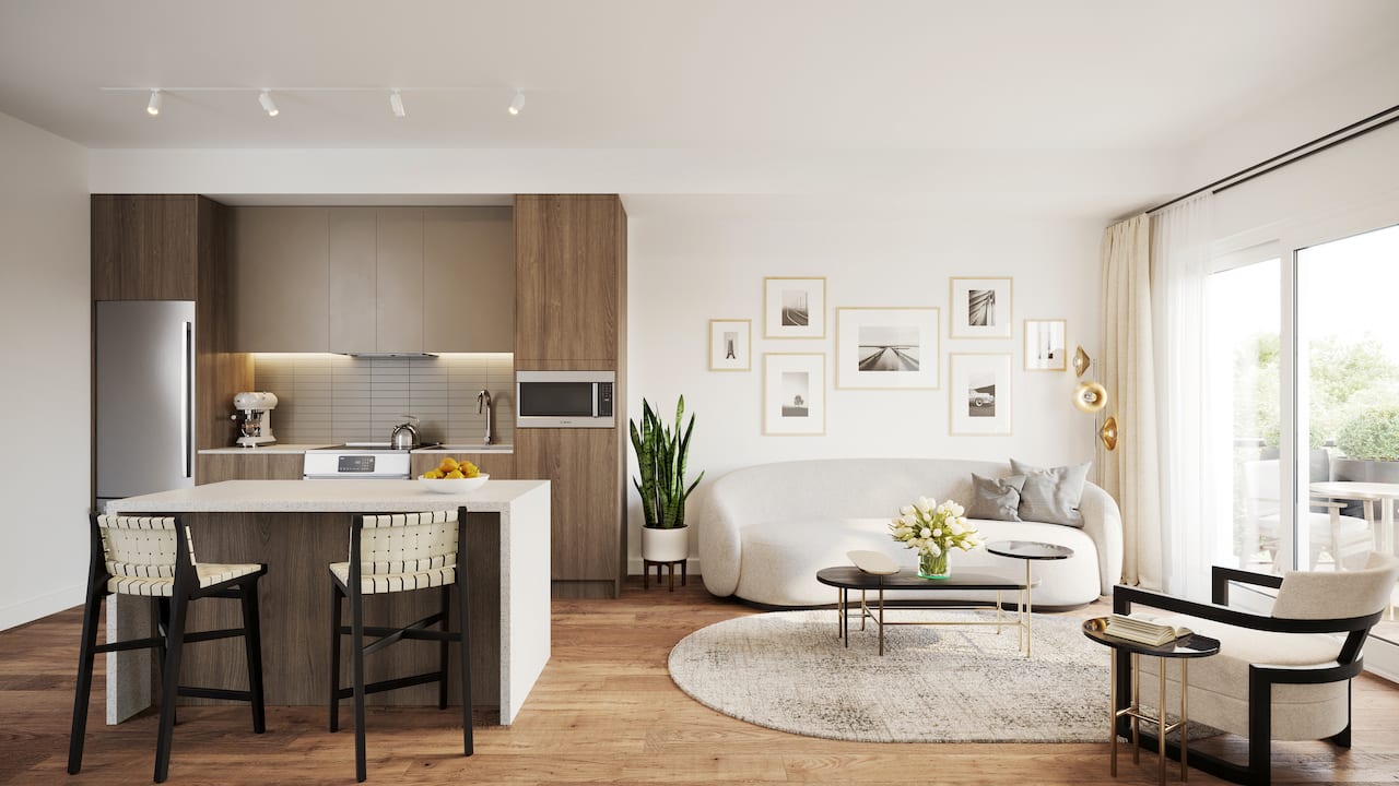 Rendering of Verde Living suite kitchen and living area