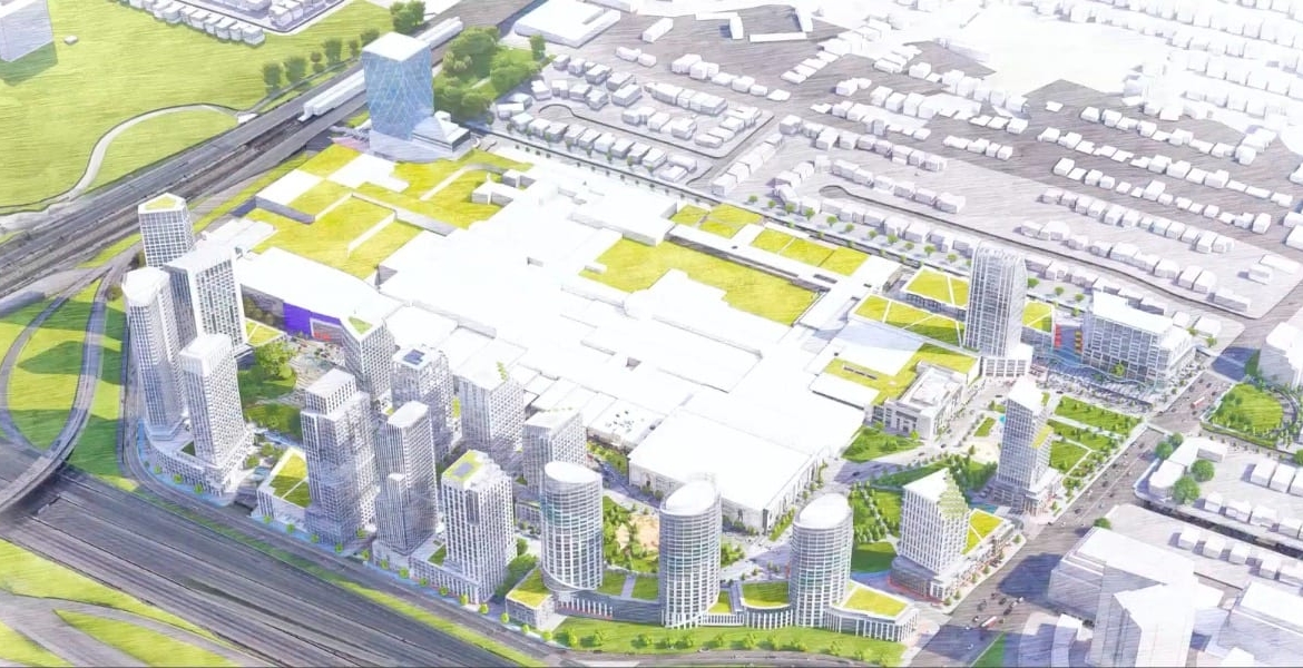 Rendering of Yorkdale Intensification community aerial behind towers