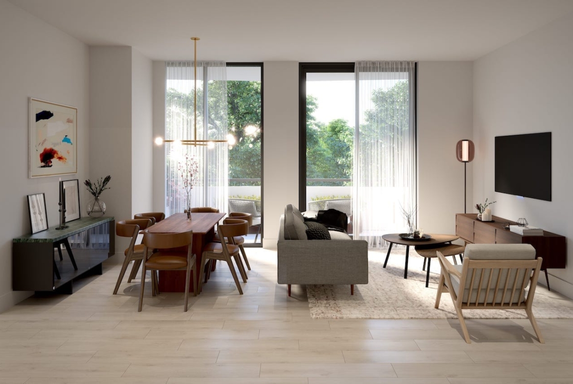Rendering of The Saw Whet Condos suite interior living room