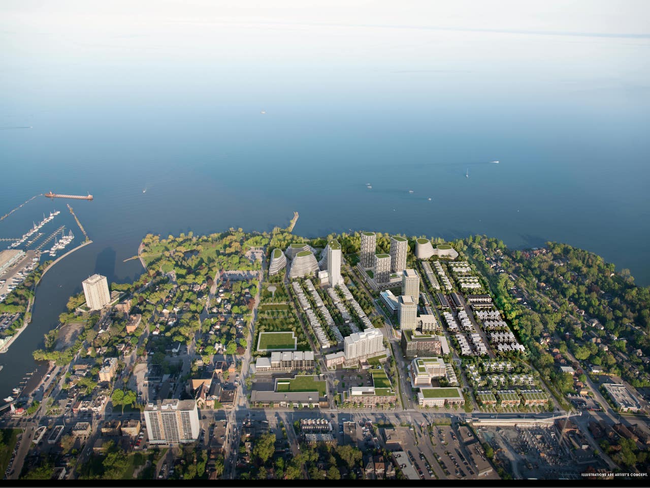 Rendering of Bridge House at Brightwater aerial with water view