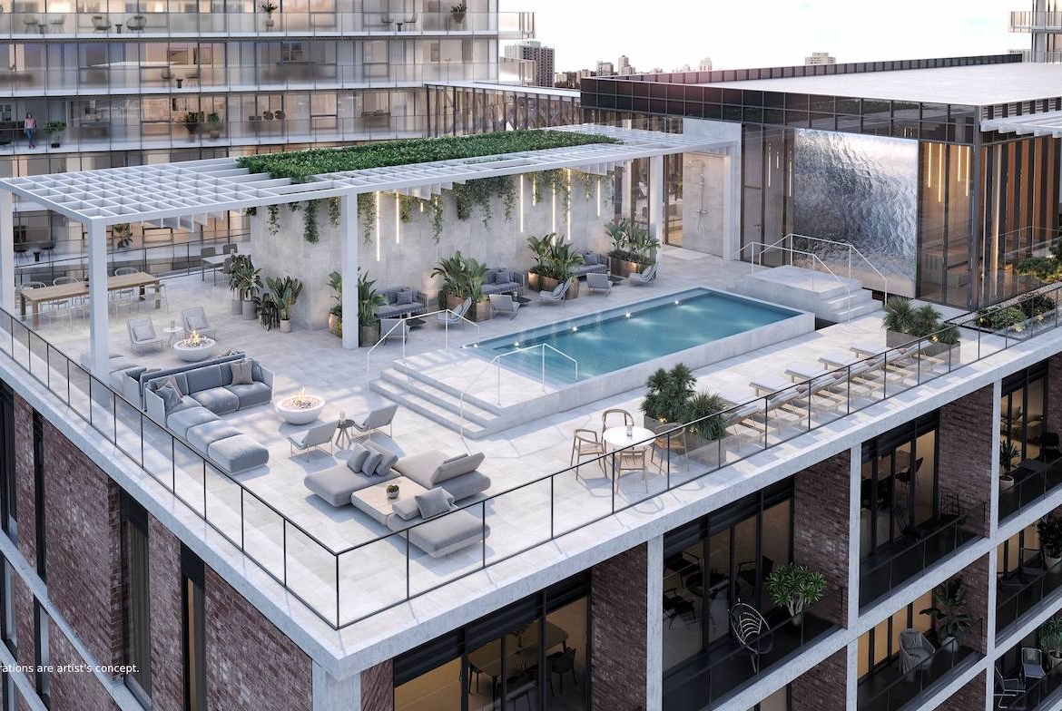 Rendering of Bridge House at Brightwater rooftop pool aerial