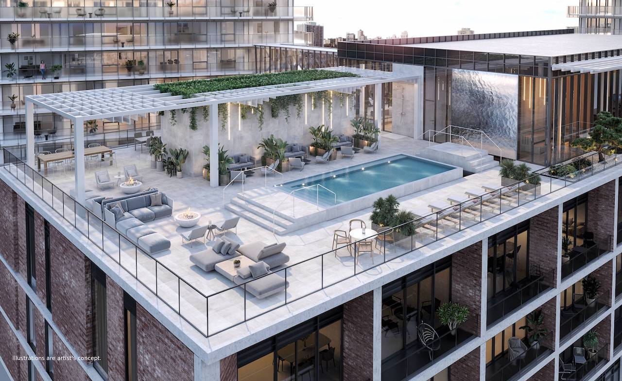 Rendering of Bridge House at Brightwater rooftop pool aerial