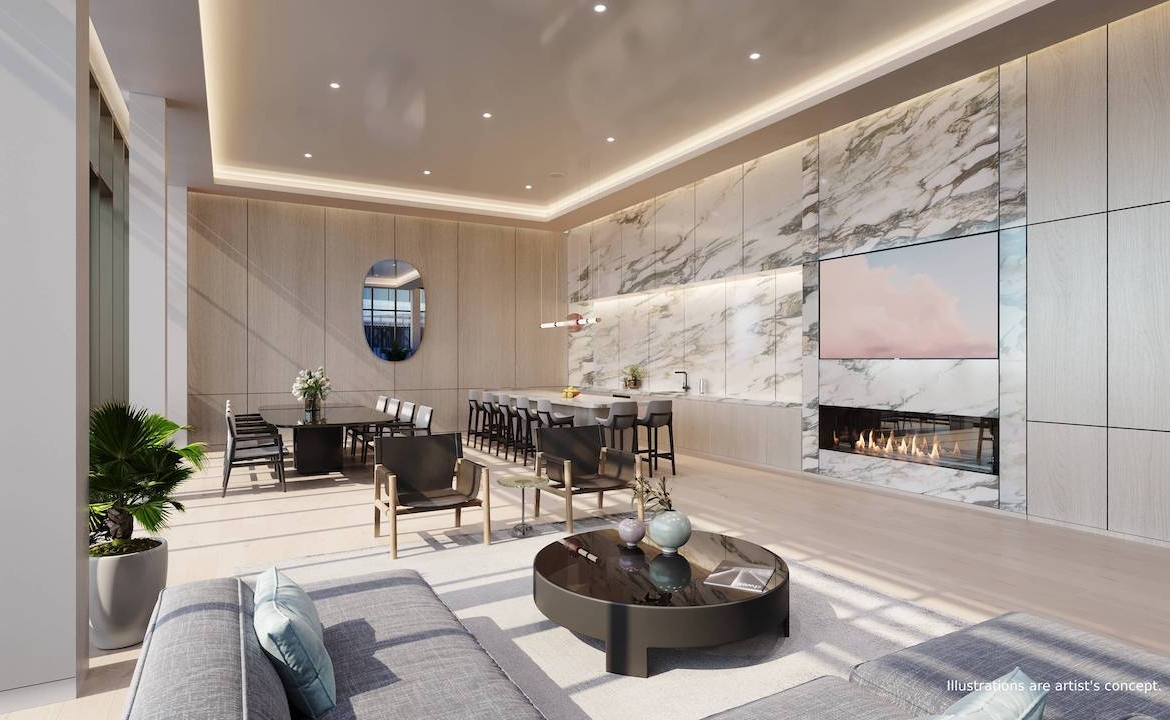 Rendering of Bridge House at Brightwater party room with fireplace