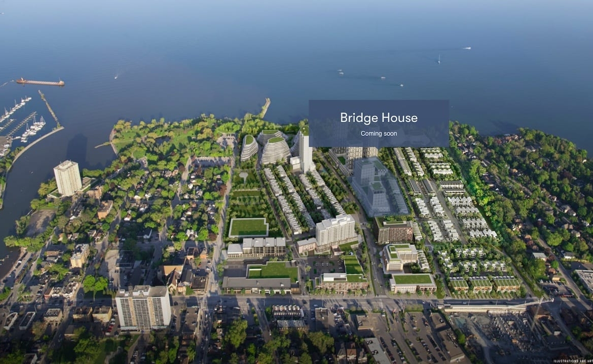 Rendering of Bridge House At Brightwater Condos aerial view with location marker