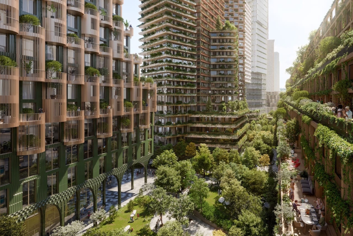 Rendering of Quayside Condos exterior of condos with lush greenery