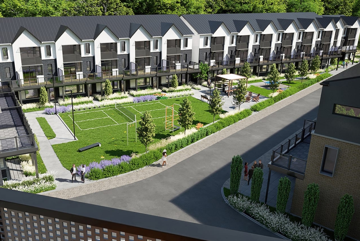 Rendering of Rainwater Condos exterior townhouse row aerial