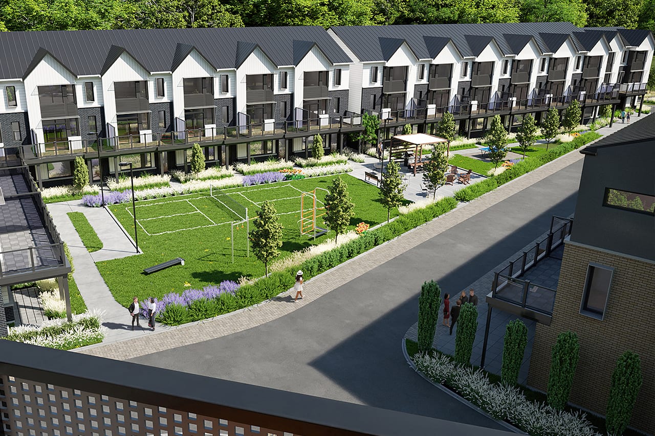 Rendering of Rainwater Condos exterior townhouse row aerial
