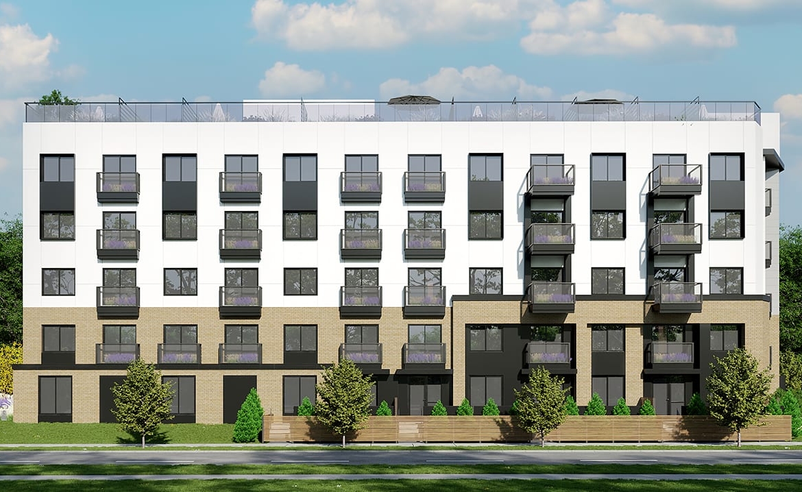 Rendering of Rainwater Condos exterior condo front