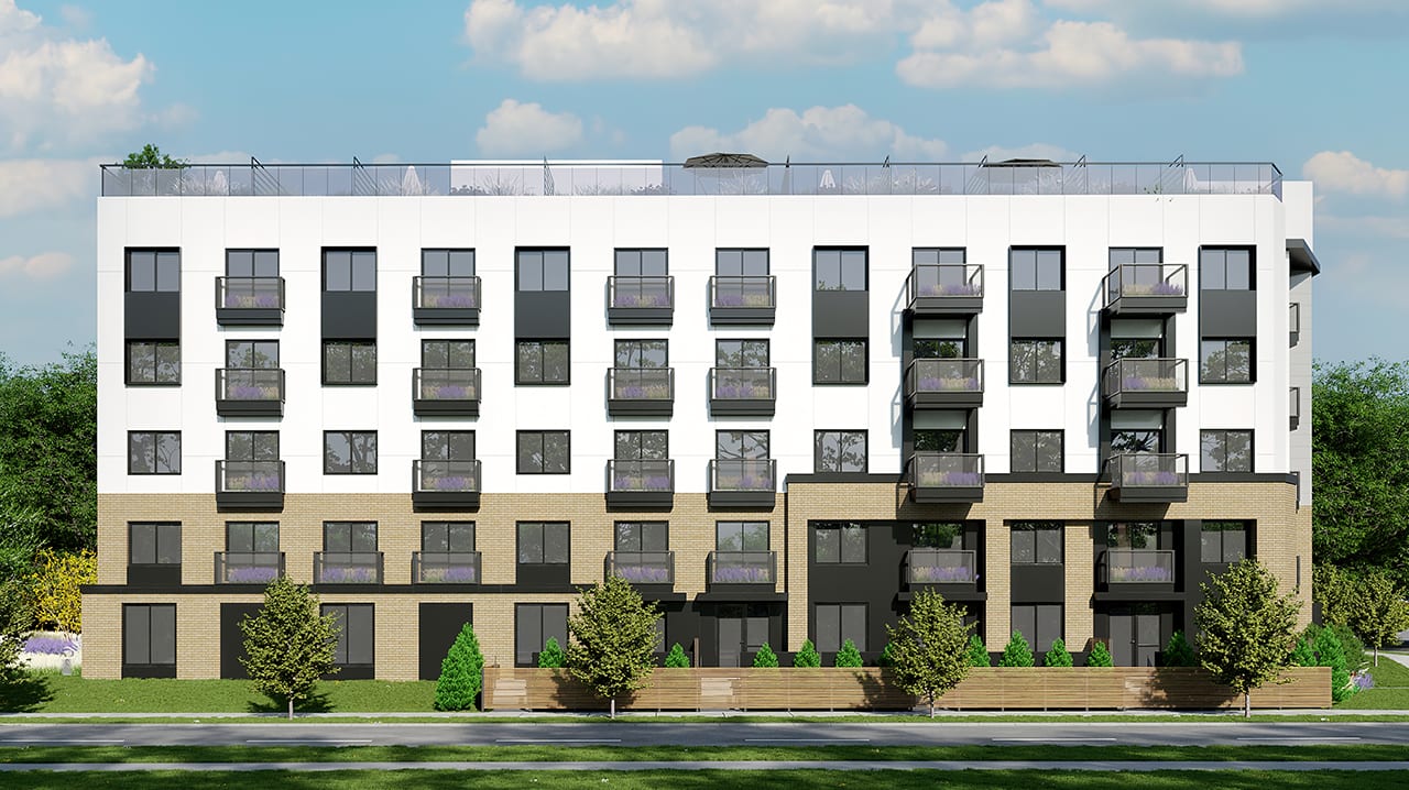 Rendering of Rainwater Condos exterior condo front