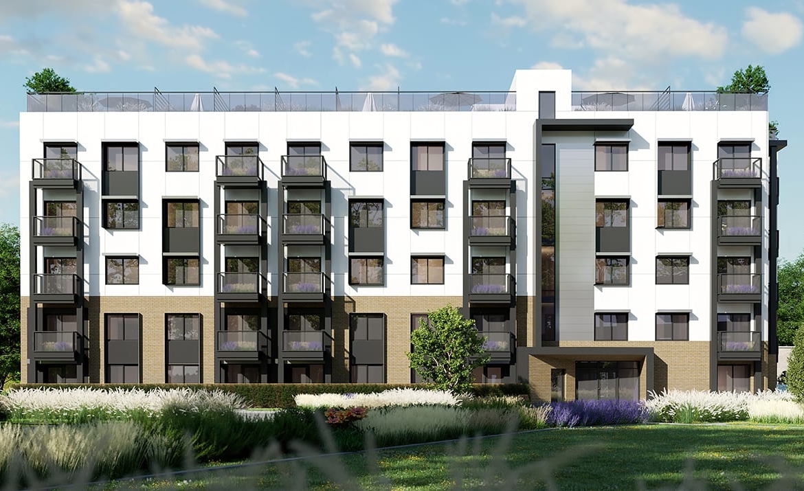 Rendering of Rainwater Condos exterior condo back
