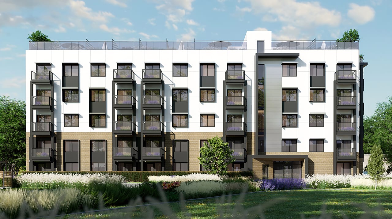Rendering of Rainwater Condos exterior condo back