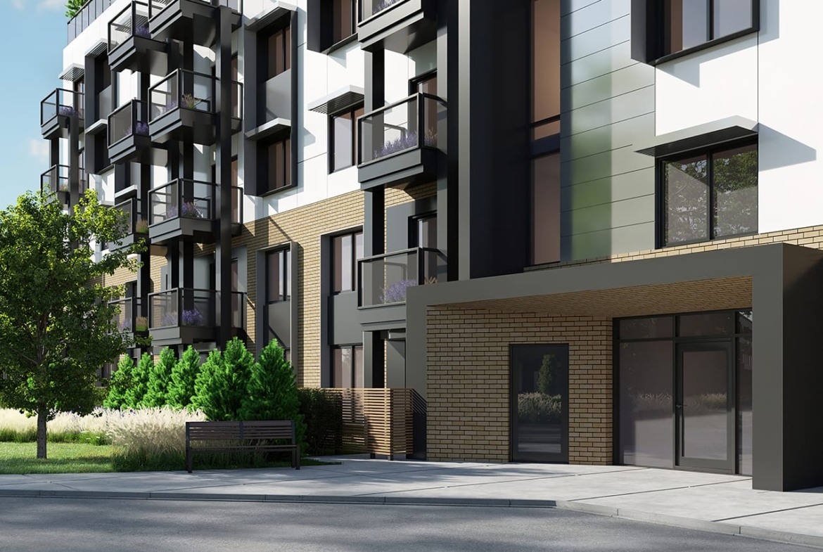 Rendering of Rainwater Condos exterior entrance