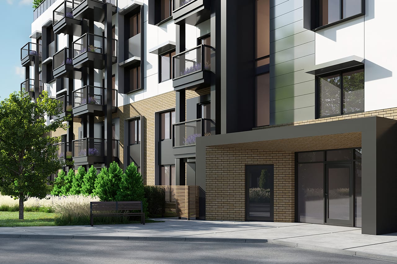 Rendering of Rainwater Condos exterior entrance