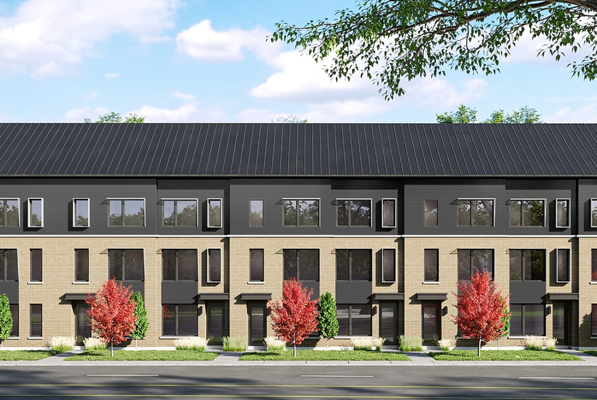Rendering of Rainwater Condos exterior townhouse row back